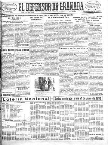 'El Defensor de Granada  : diario político independiente' - Año LI Número 26963 Ed. Tarde - 1930 Junio 21