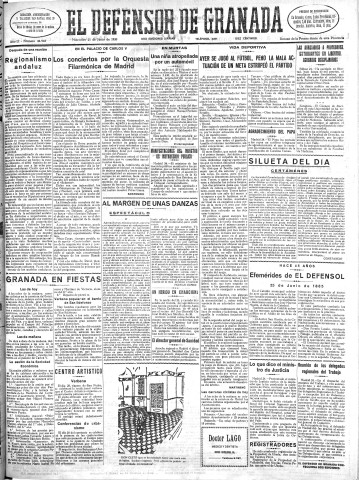 'El Defensor de Granada  : diario político independiente' - Año LI Número 26968 Ed. Mañana - 1930 Junio 25