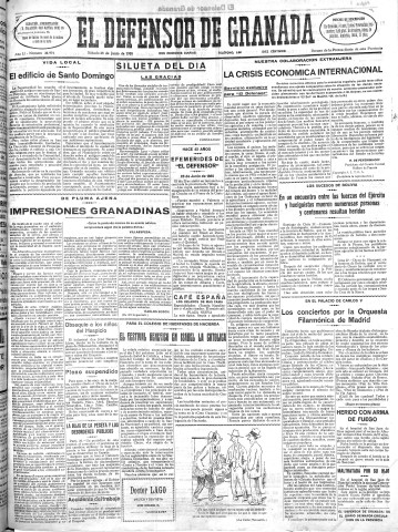 'El Defensor de Granada  : diario político independiente' - Año LI Número 26974 Ed. Mañana - 1930 Junio 28
