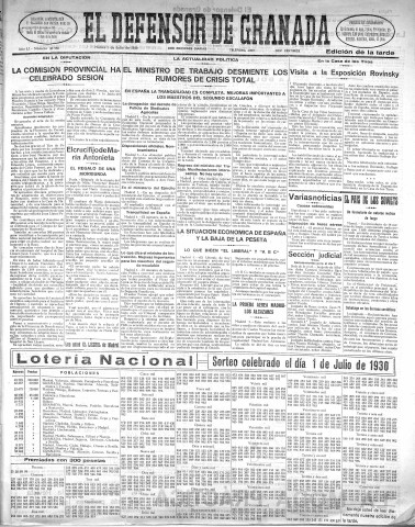 'El Defensor de Granada  : diario político independiente' - Año LI Número 26980 Ed. Tarde - 1930 Julio 01