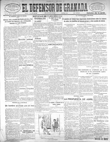 'El Defensor de Granada  : diario político independiente' - Año LI Número 26988 Ed. Tarde - 1930 Julio 05