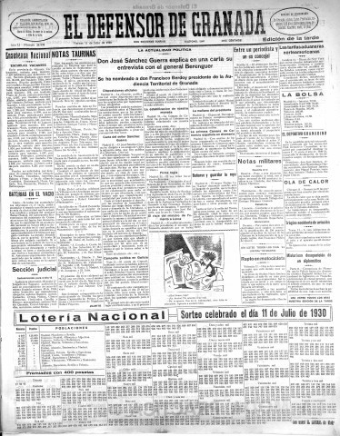 'El Defensor de Granada  : diario político independiente' - Año LI Número 26998 Ed. Tarde - 1930 Julio 11