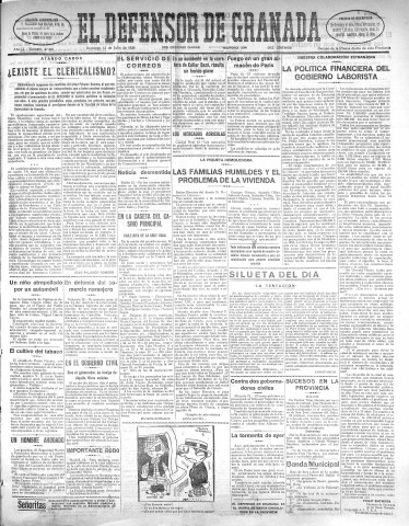 'El Defensor de Granada  : diario político independiente' - Año LI Número 27001 Ed. Mañana - 1930 Julio 13