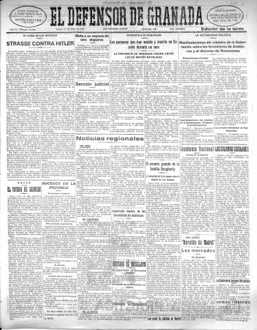 'El Defensor de Granada  : diario político independiente' - Año LI Número 27008 Ed. Tarde - 1930 Julio 17