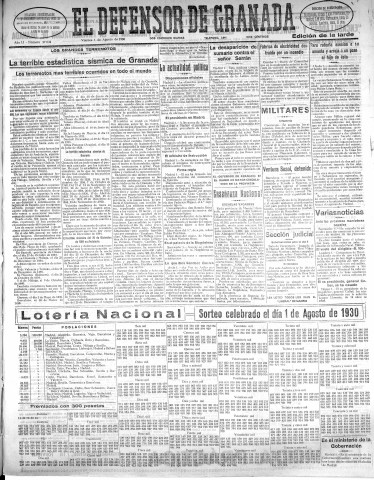 'El Defensor de Granada  : diario político independiente' - Año LI Número 27033 Ed. Tarde - 1930 Agosto 01