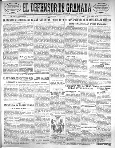 'El Defensor de Granada  : diario político independiente' - Año LI Número 27043 Ed. Mañana - 1930 Agosto 08