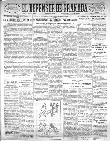 'El Defensor de Granada  : diario político independiente' - Año LI Número 27045 Ed. Mañana - 1930 Agosto 09