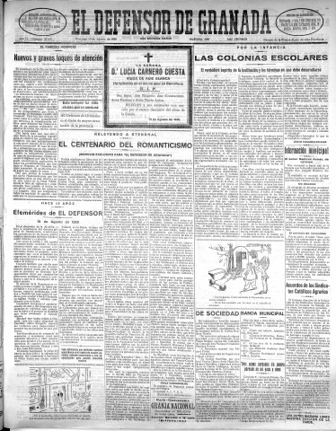 'El Defensor de Granada  : diario político independiente' - Año LI Número 27047 Ed. Mañana - 1930 Agosto 10