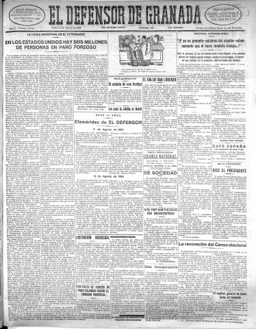 'El Defensor de Granada  : diario político independiente' - Año LI Número 27049 Ed. Mañana - 1930 Agosto 12