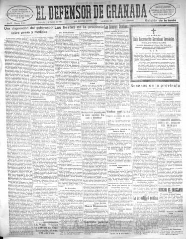 'El Defensor de Granada  : diario político independiente' - Año LI Número 27052 Ed. Tarde - 1930 Agosto 13