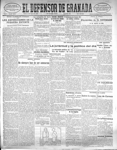 'El Defensor de Granada  : diario político independiente' - Año LI Número 27057 Ed. Mañana - 1930 Agosto 16