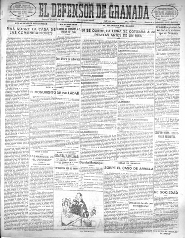 'El Defensor de Granada  : diario político independiente' - Año LI Número 27064 Ed. Mañana - 1930 Agosto 21