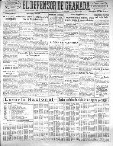 'El Defensor de Granada  : diario político independiente' - Año LI Número 27065 Ed. Tarde - 1930 Agosto 21