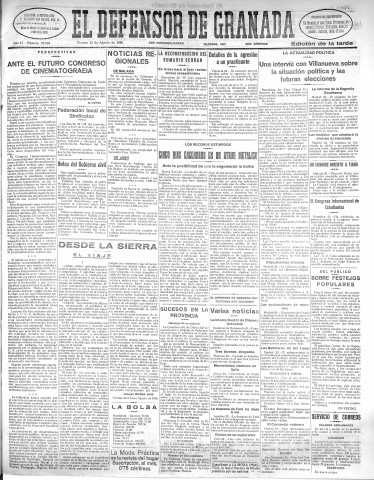 'El Defensor de Granada  : diario político independiente' - Año LI Número 27066 Ed. Tarde - 1930 Agosto 22