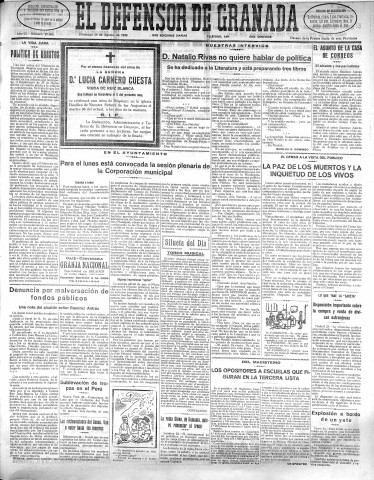 'El Defensor de Granada  : diario político independiente' - Año LI Número 27067 Ed. Mañana - 1930 Agosto 24