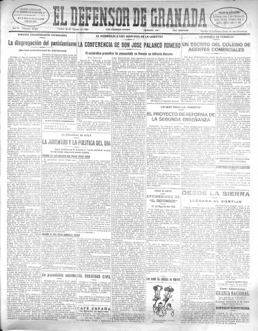 'El Defensor de Granada  : diario político independiente' - Año LI Número 27068 Ed. Mañana - 1930 Agosto 26
