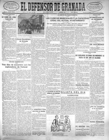 'El Defensor de Granada  : diario político independiente' - Año LI Número 27072 Ed. Mañana - 1930 Agosto 28