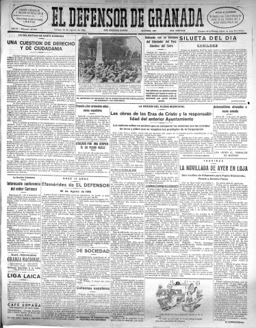 'El Defensor de Granada  : diario político independiente' - Año LI Número 27076 Ed. Mañana - 1930 Agosto 30