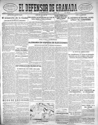 'El Defensor de Granada  : diario político independiente' - Año LI Número 27090 Ed. Mañana - 1930 Septiembre 09