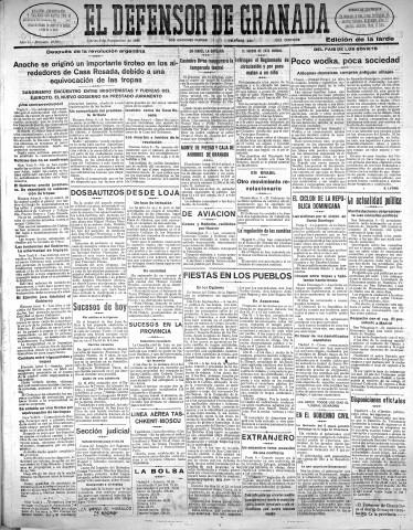 'El Defensor de Granada  : diario político independiente' - Año LI Número 27091 Ed. Tarde - 1930 Septiembre 09