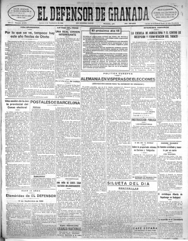 'El Defensor de Granada  : diario político independiente' - Año LI Número 27094 Ed. Mañana - 1930 Septiembre 11