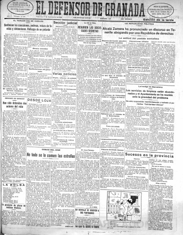 'El Defensor de Granada  : diario político independiente' - Año LI Número 27105 Ed. Tarde - 1930 Septiembre 17