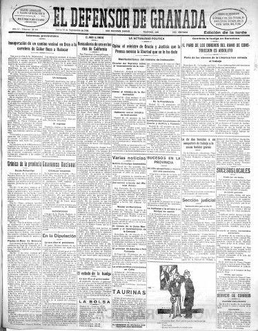 'El Defensor de Granada  : diario político independiente' - Año LI Número 27107 Ed. Tarde - 1930 Septiembre 18