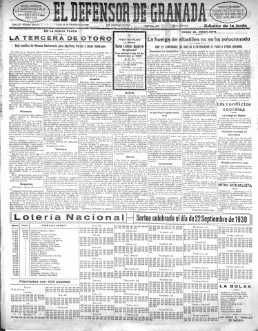 'El Defensor de Granada  : diario político independiente' - Año LI Número 27113 Ed. Tarde - 1930 Septiembre 22
