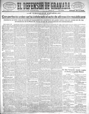 'El Defensor de Granada  : diario político independiente' - Año LI Número 27125 Ed. Tarde - 1930 Septiembre 29