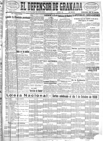 'El Defensor de Granada  : diario político independiente' - Año LI Número 27129 Ed. Tarde - 1930 Octubre 01