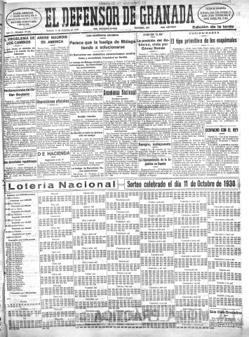'El Defensor de Granada  : diario político independiente' - Año LI Número 27146 Ed. Tarde - 1930 Octubre 11