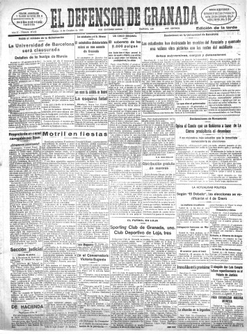'El Defensor de Granada  : diario político independiente' - Año LI Número 27150 Ed. Tarde - 1930 Octubre 14