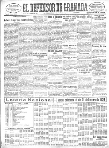 'El Defensor de Granada  : diario político independiente' - Año LI Número 27162 Ed. Tarde - 1930 Octubre 21
