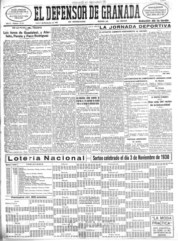 'El Defensor de Granada  : diario político independiente' - Año LI Número 27184 Ed. Tarde - 1930 Noviembre 03