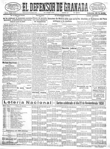 'El Defensor de Granada  : diario político independiente' - Año LI Número 27218 Ed. Tarde - 1930 Noviembre 22