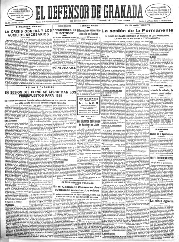 'El Defensor de Granada  : diario político independiente' - Año LI Número 27227 Ed. Mañana - 1930 Noviembre 28