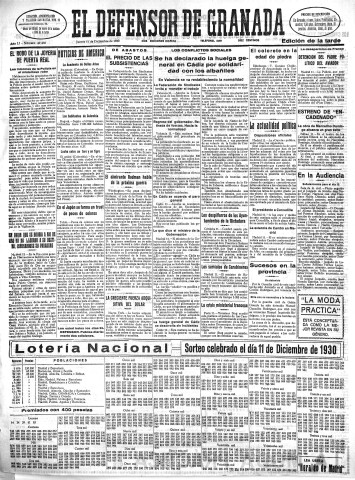 'El Defensor de Granada  : diario político independiente' - Año LI Número 27250 Ed. Tarde - 1930 Diciembre 11