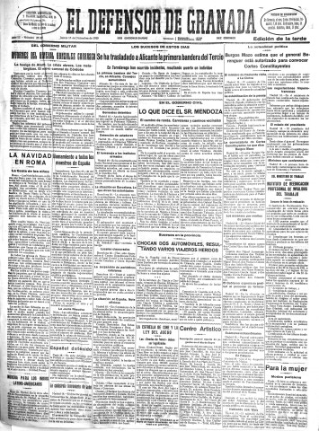 'El Defensor de Granada  : diario político independiente' - Año LI Número 27260 Ed. Tarde - 1930 Diciembre 18