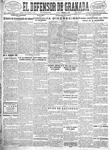 'El Defensor de Granada  : diario político independiente' - Año LI Número 27270 Ed. Mañana - 1930 Diciembre 26