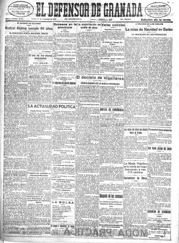 'El Defensor de Granada  : diario político independiente' - Año LI Número 27273 Ed. Tarde - 1930 Diciembre 27