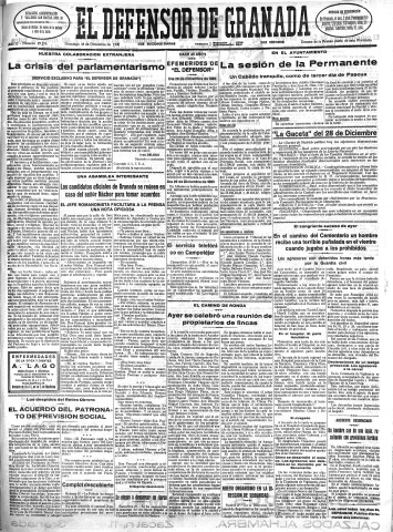 'El Defensor de Granada  : diario político independiente' - Año LI Número 27274 Ed. Mañana - 1930 Diciembre 28