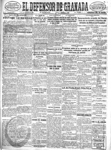 'El Defensor de Granada  : diario político independiente' - Año LI Número 27275 Ed. Tarde - 1930 Diciembre 29