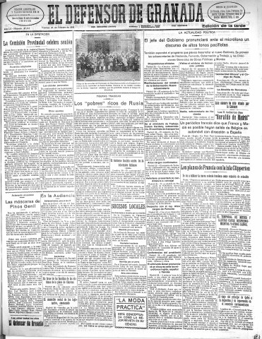 'El Defensor de Granada  : diario político independiente' - Año LII Número 27367 Ed. Tarde - 1931 Febrero 20
