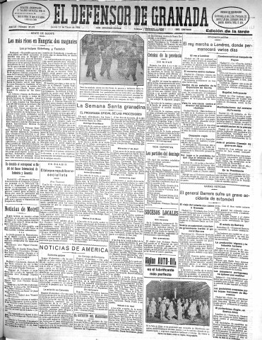 'El Defensor de Granada  : diario político independiente' - Año LII Número 27399 Ed. Tarde - 1931 Marzo 12