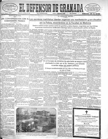 'El Defensor de Granada  : diario político independiente' - Año LII Número 27410 Ed. Tarde - 1931 Marzo 24