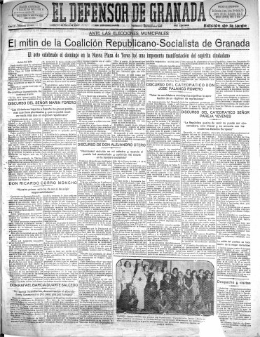 'El Defensor de Granada  : diario político independiente' - Año LII Número 27420 Ed. Tarde - 1931 Marzo 30