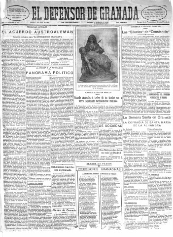 'El Defensor de Granada  : diario político independiente' - Año LII Número 27425 Ed. Mañana - 1931 Abril 02