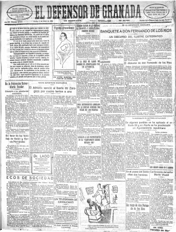 'El Defensor de Granada  : diario político independiente' - Año LII Número 27431 Ed. Mañana - 1931 Abril 07