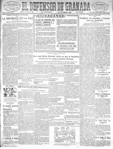 'El Defensor de Granada  : diario político independiente' - Año LII Número 27439 Ed. Mañana - 1931 Abril 11