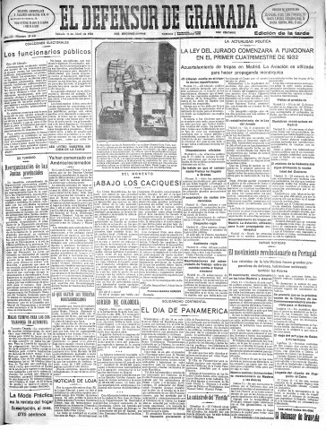 'El Defensor de Granada  : diario político independiente' - Año LII Número 27440 Ed. Tarde - 1931 Abril 11